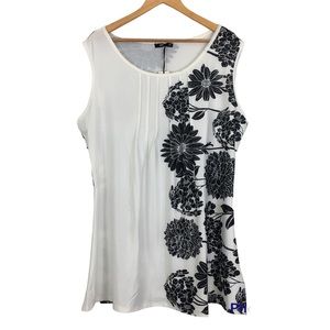 Lily by Firmiana White Black Floral Stretch Sleeveless Tunic Blouse Size XL